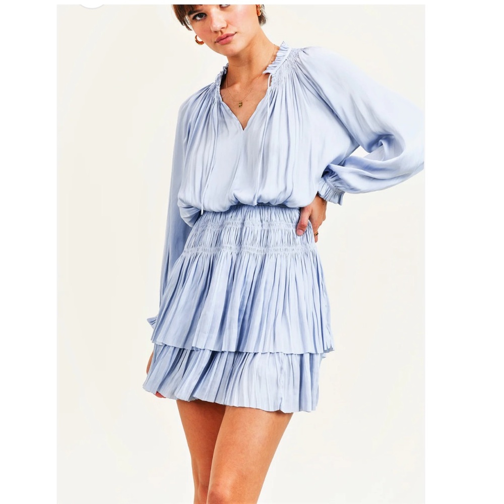 Reset by Jane Lana Dress Light Blue Mini Dress Size Small Ruffle Pleated Smocked